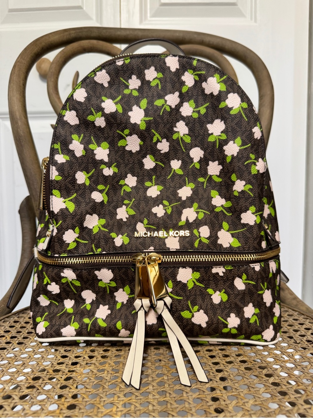 Michael Kors Brown Floral Mini Backpack with Pink Flowers & Green Leaves
